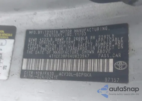 2004 Toyota Camry Solara Sle z USA, uszkodzony, nr VIN 4T1CE38P64U823947